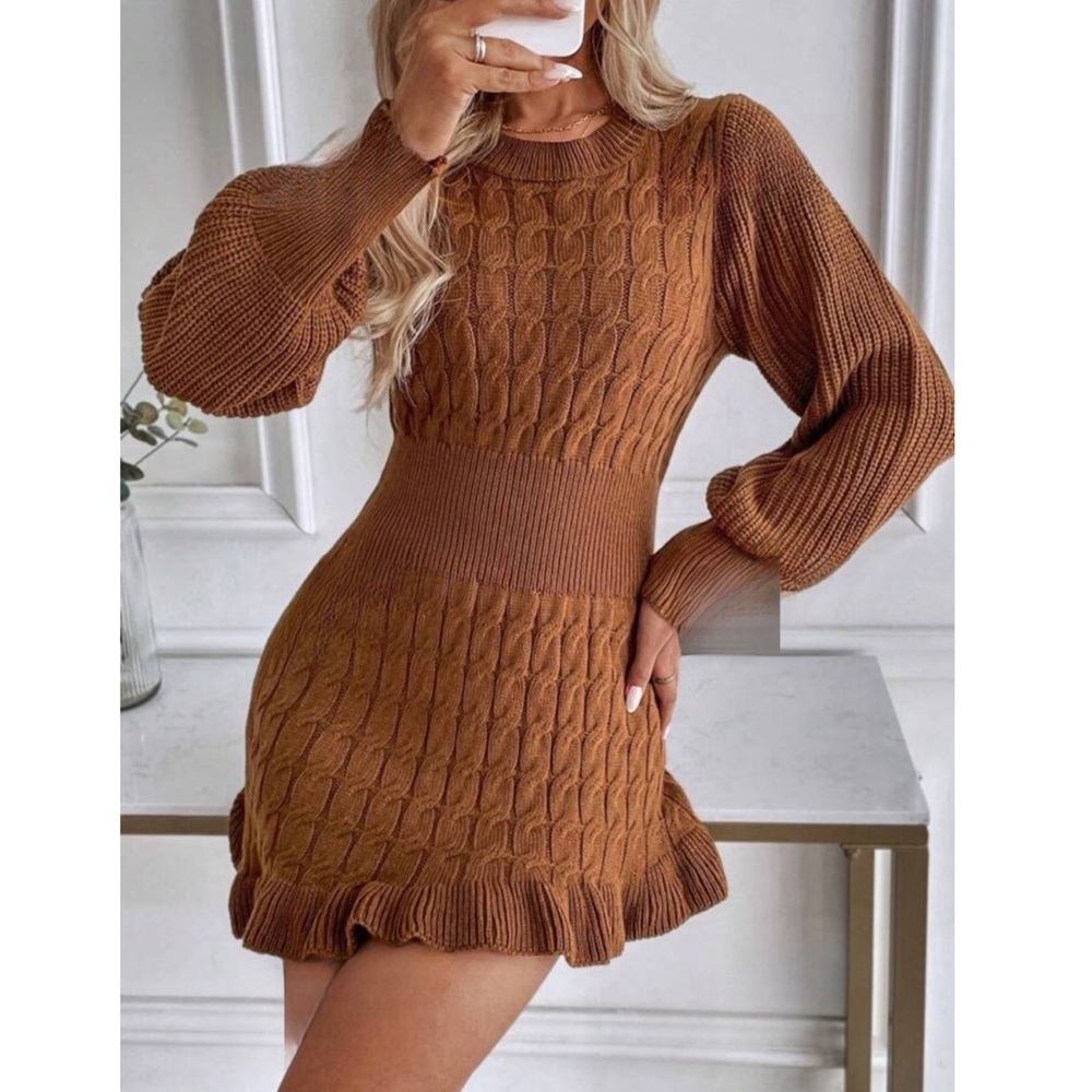 Lantern Sleeve Ruffle Hem Knit Sweater-dress